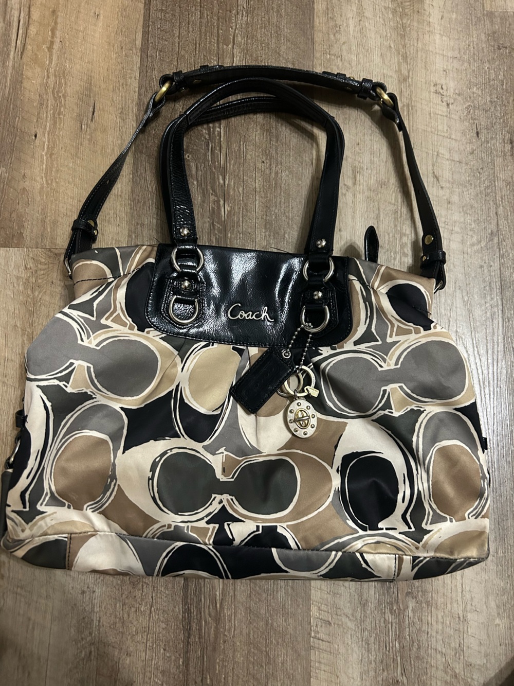 Coach Signature Pattern Tote in Black and Taupe
